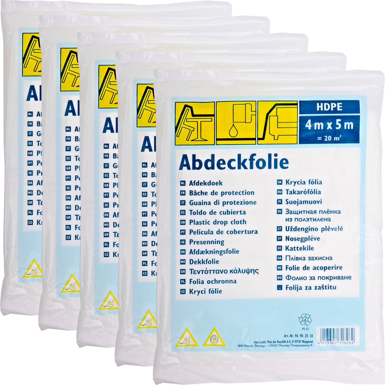 5x Abdeckfolie 4x5m Malerplane Schutzplane Allzweckfolie HDPE transparent 100m²