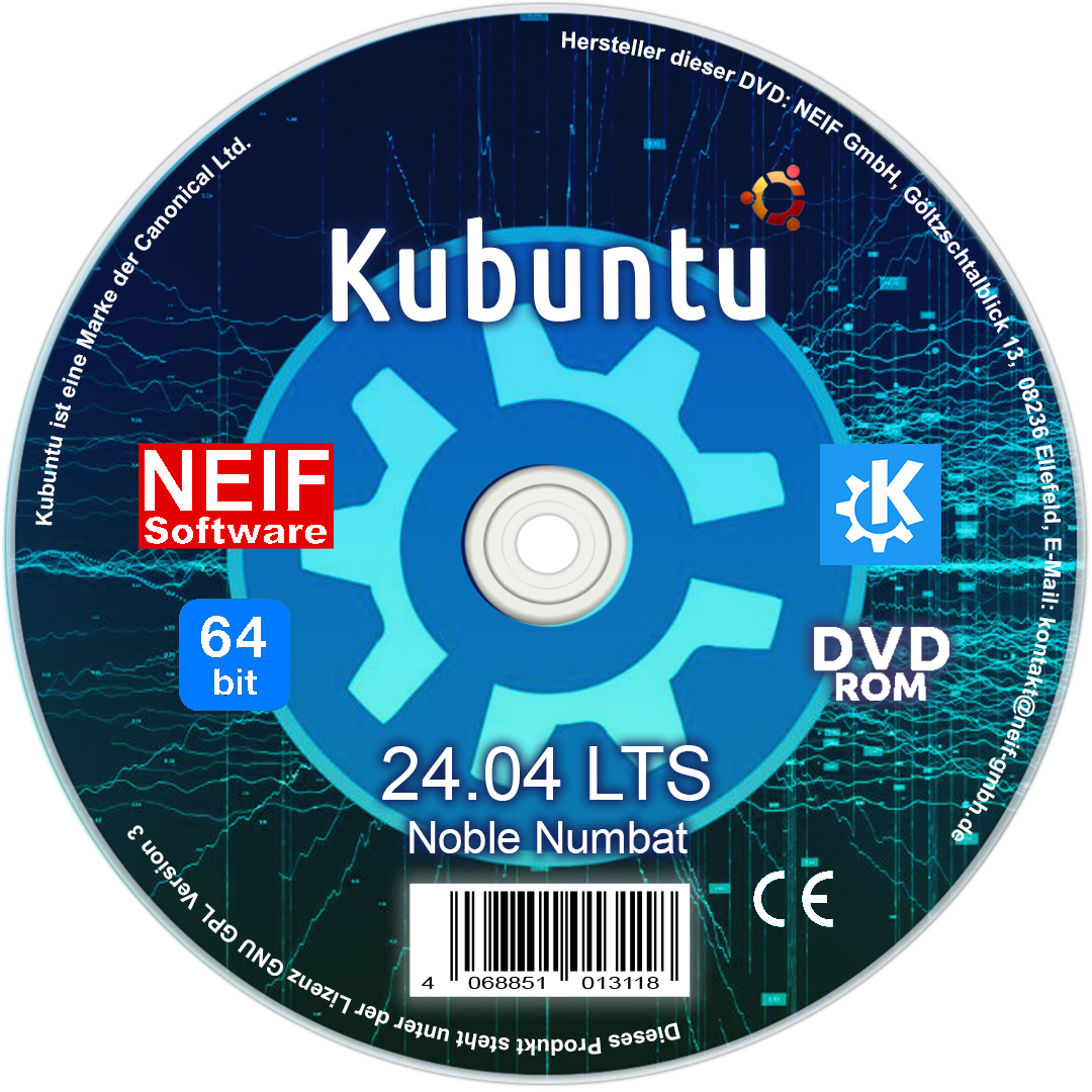 Linux Kubuntu 24.04 LTS "Noble Numbat" Deutsch auf DVD oder USB-Stick