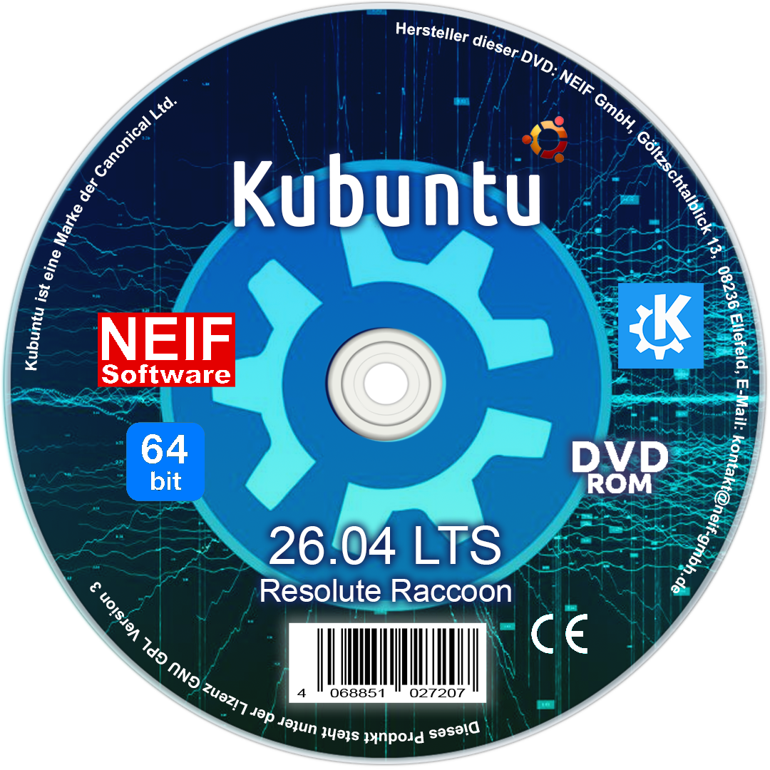 Linux Kubuntu 26.04 LTS "Resolute Raccoon" Deutsch auf DVD oder USB-Stick