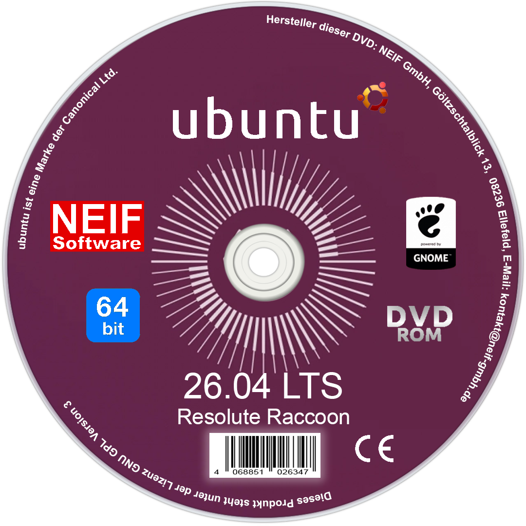 Linux Ubuntu 26.04 LTS "Resolute Raccoon" 64 Bit Deutsch auf DVD oder USB-Stick