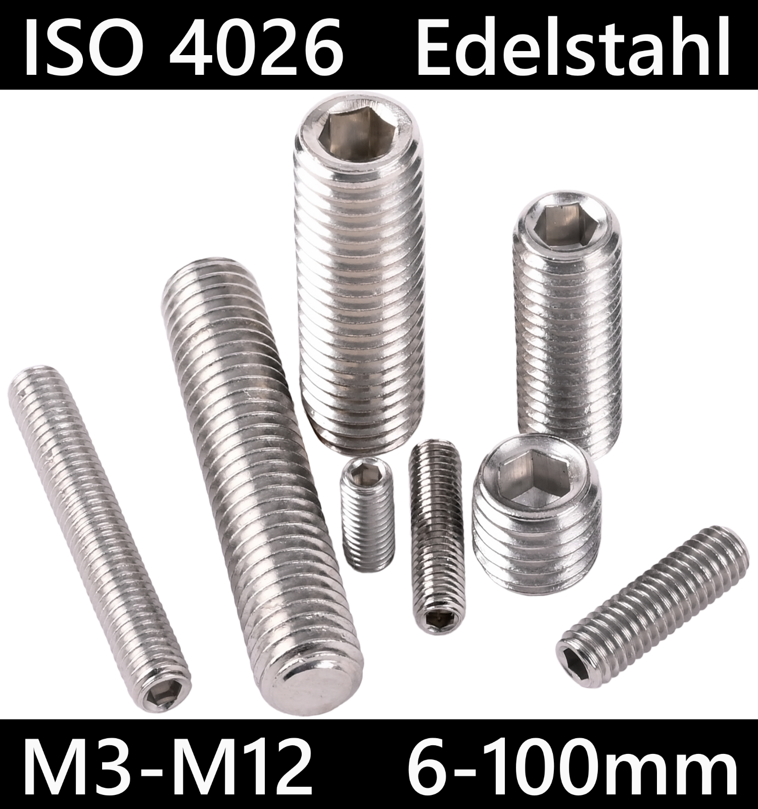 Gewindestifte ISO 4026 Edelstahl A2 - M3 M4 M5 M6 M8 M10 M12 - 6-100mm